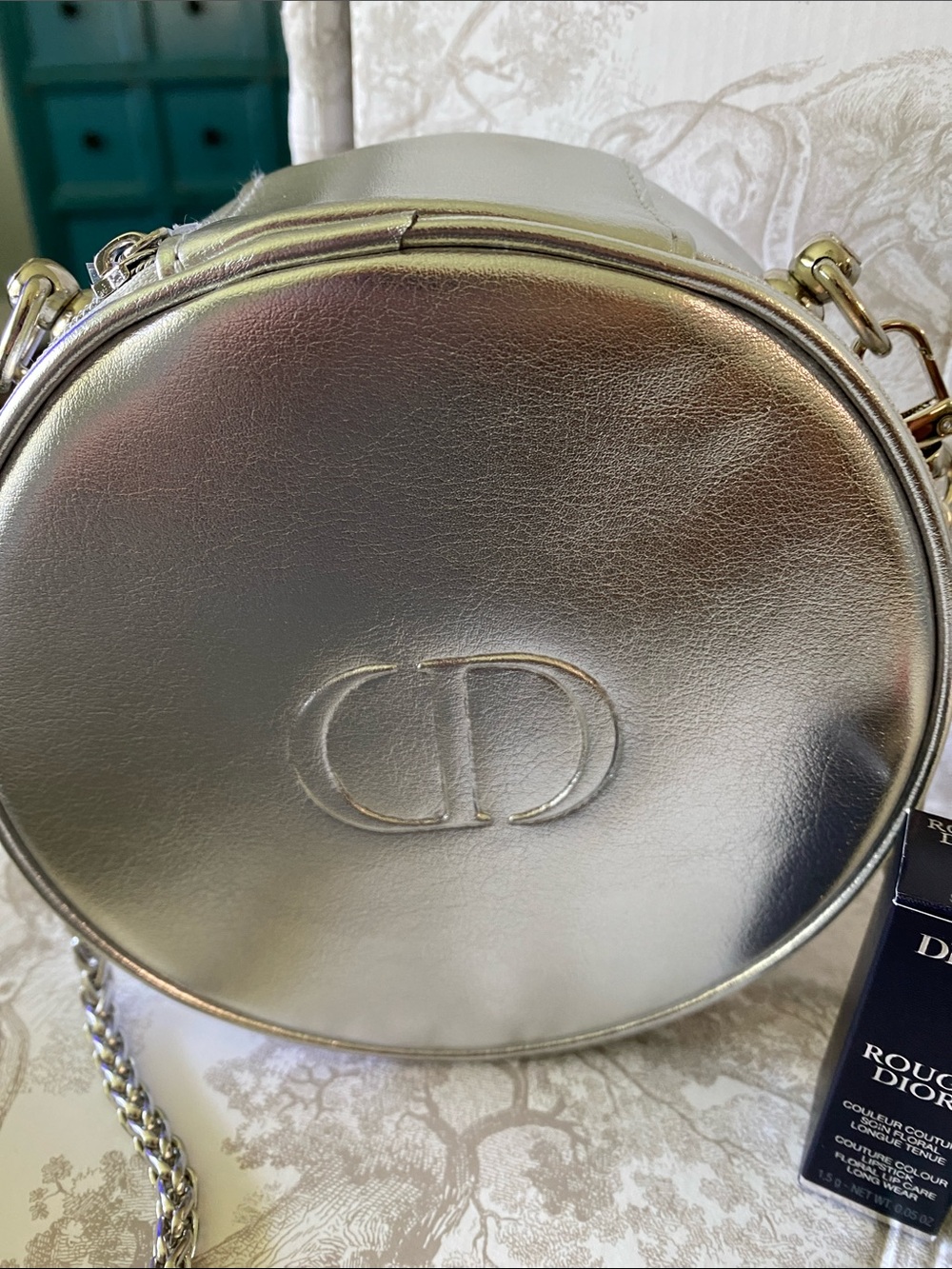 Dior Silver Faux Leather Round Pouch